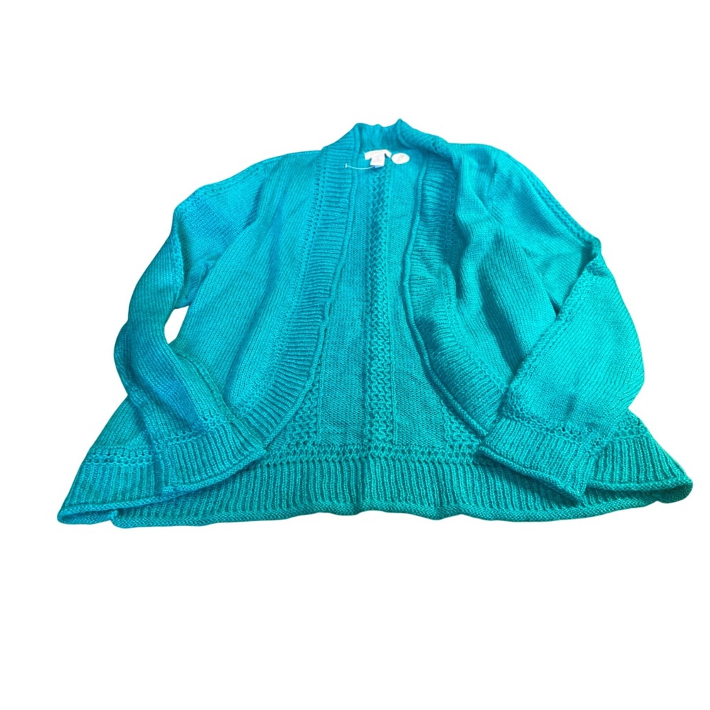 Chicos Cardigan Sweater Teal Blue Open Front Knit Wool Blend Size 1